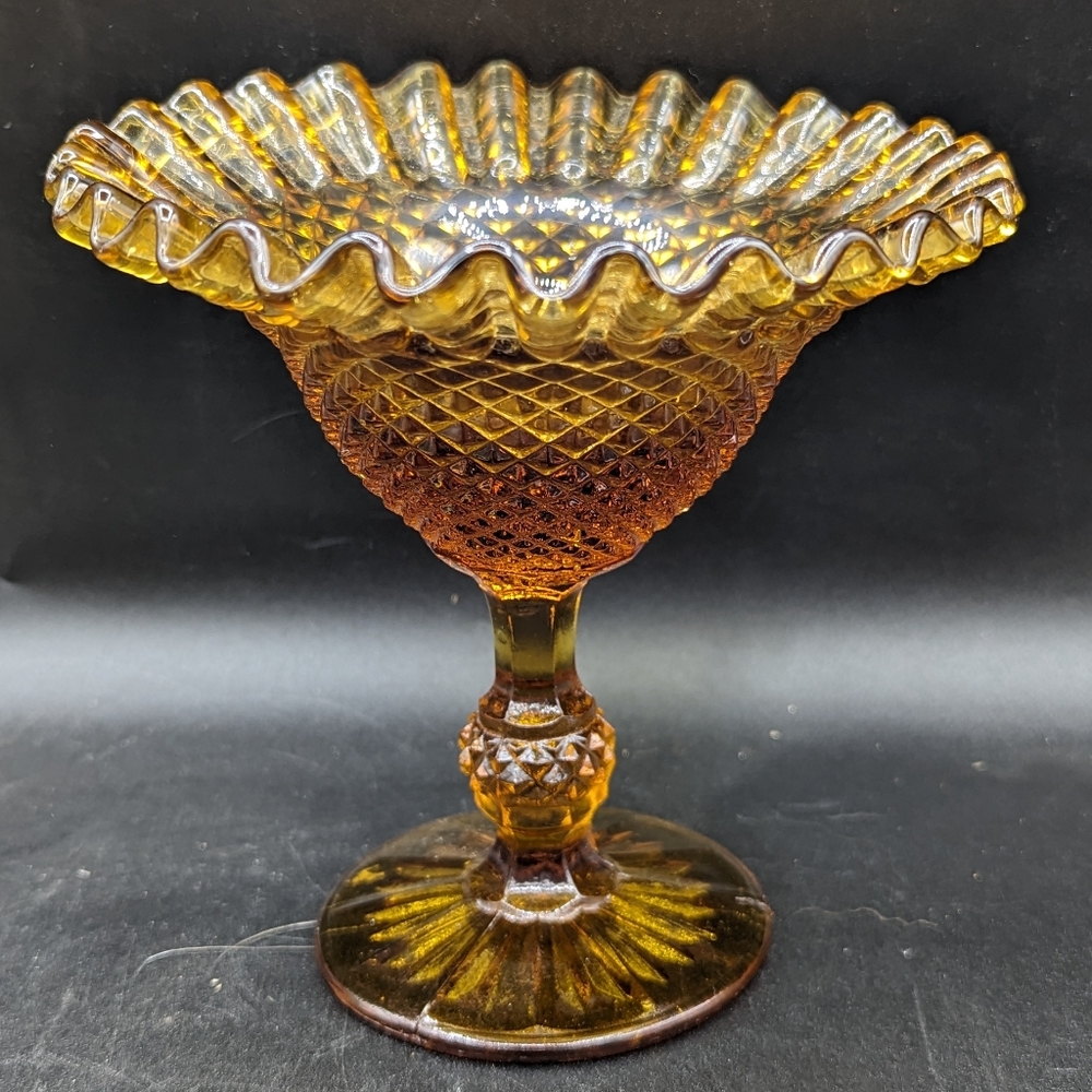 Vintage Amber Glass Pedestal Crimped Ruffle Diamond Point Compote Candy Dish - Picture 8 of 8
